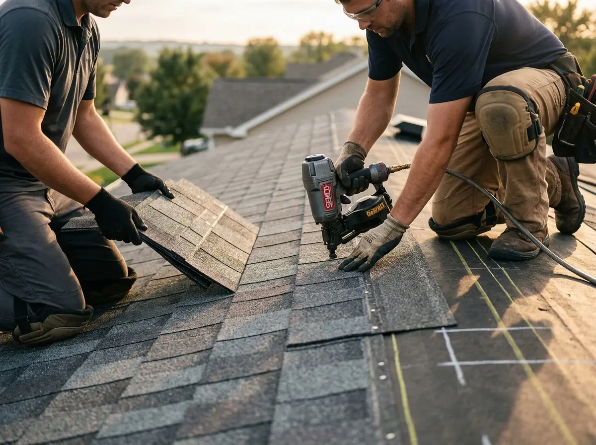 Professional roofer working on a residential roof in Alden